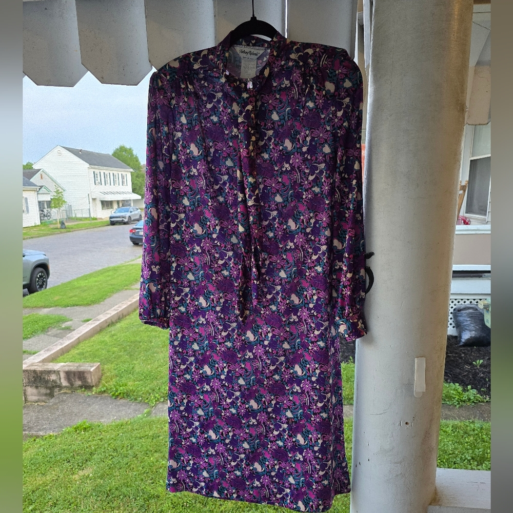 Vintage 60s 70s Floral Dress -Anthony Richards Purple Flowers Tie Neck Size 10